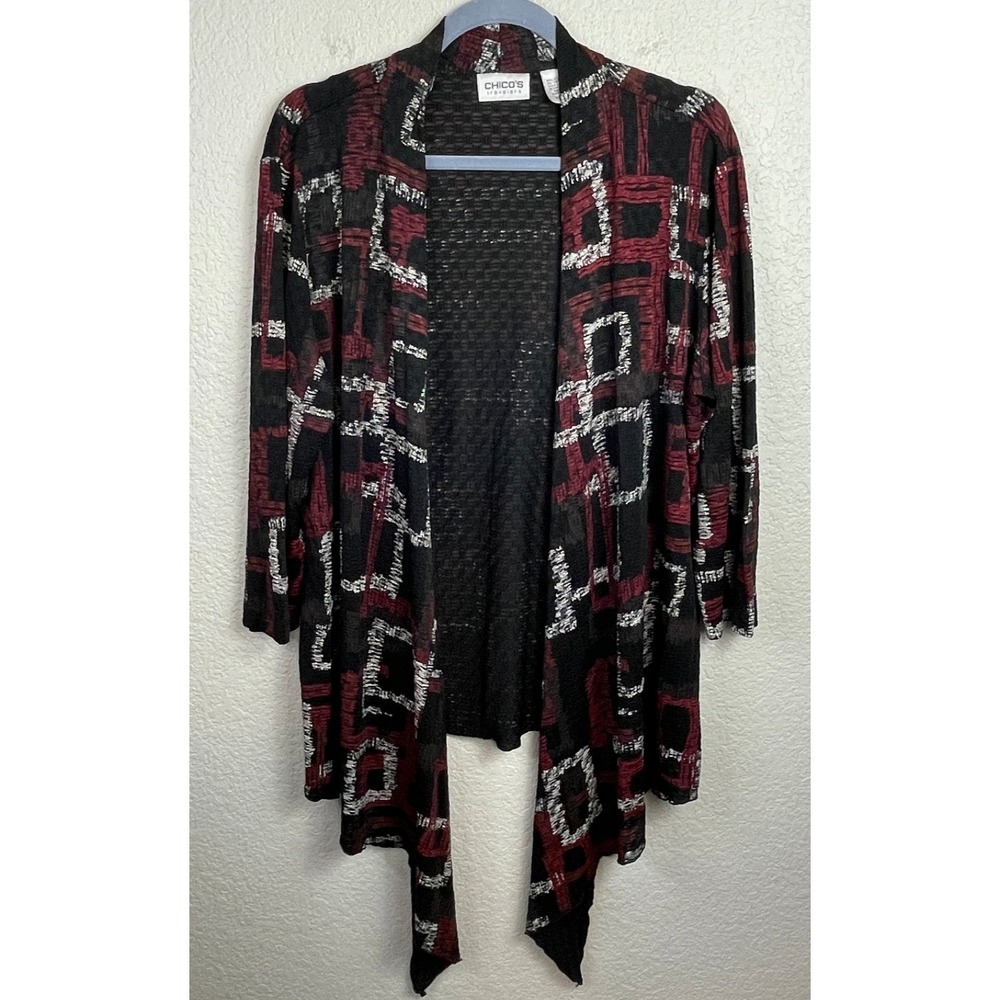 Chico's Travelers Slinky Knit Waterfall Cardigan Size 3 (XL) Black Red Artsy VTG